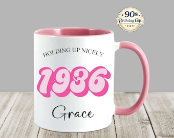 Personalised 90th Birthday Mug for Her, Custom Name 1936 Gift, Retro for Mum or Nanny