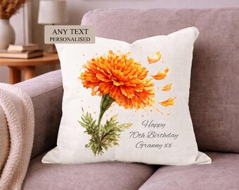 Personalised Marigold Cushion, Custom Gift for Her, Any Text Floral Home Decor