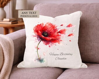 Personalised Poppy Cushion, Custom Gift for Her, Any Text Floral Home Decor