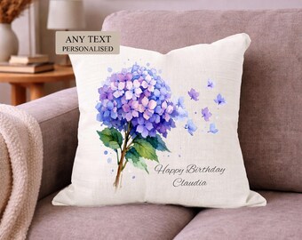 Personalised Hydrangea Cushion, Gift for Her, Custom Any Text Floral Home Decor