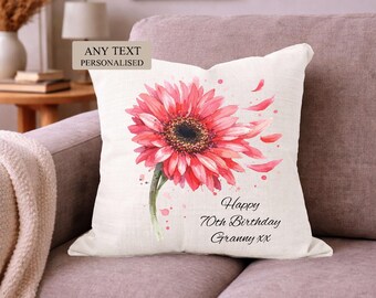 Personalised Gerbera Cushion, Custom Gift for Her, Any Text Floral Home Decor