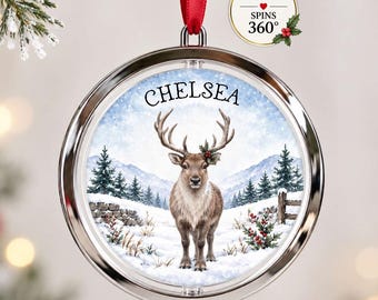 Personalised Reindeer Christmas Bauble, Spinning Winter Tree Decoration