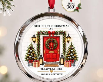 Personalised First Christmas At Our Home Bauble, Spinning New Home Decoration