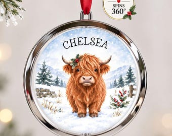 Personalised Highland Cow Christmas Bauble, Spinning 2 Sided Tree Decoration