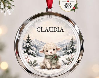 Personalised Lamb Christmas Bauble, Spinning Name Tree Decoration