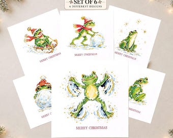 Pack of 6 Frog Christmas Cards, Funny Watercolour Festive Animal Set