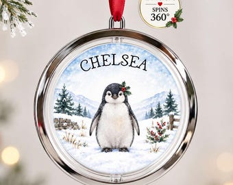 Personalised Penguin Christmas Decoration, Rotating Winter Name Bauble