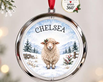 Personalised Sheep Christmas Bauble, Spinning Farm Animal Tree Decoration