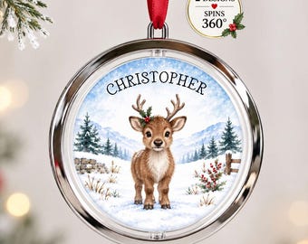 Personalised Reindeer Christmas Decoration, Rotating Name Bauble