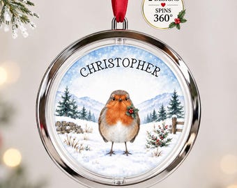 Personalised Robin Christmas Bauble, Spinning Winter Tree Decoration
