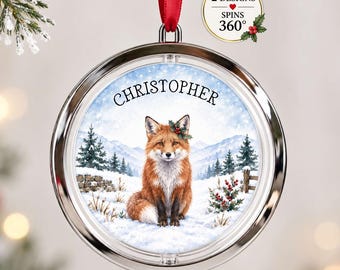 Personalised Fox Christmas Decoration, Rotating Name Bauble