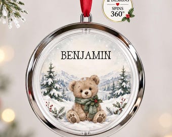 Personalised Teddy Bear Christmas Bauble, Spinning Name Tree Decoration