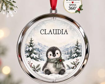 Personalised Penguin Christmas Bauble, Spinning Name Tree Decoration