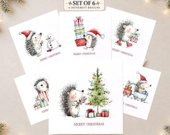 Pack of 6 Hedgehog Christmas Cards, Watercolour Woodland Animal Set