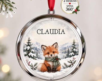 Personalised Fox Cub Christmas Bauble, Spinning Woodland Tree Decoration