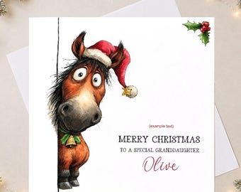 Personalised Horse Christmas Card, Custom Name Festive Equestrian Greeting