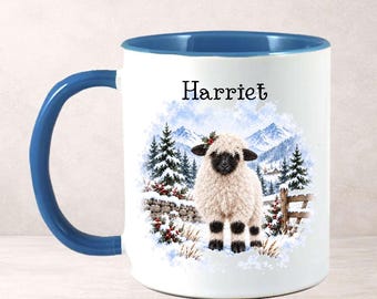 Personalised Valais Blacknose Sheep Christmas Mug, Winter Sheep Gift
