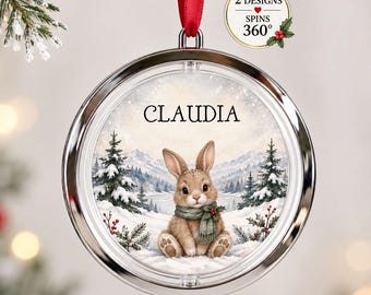 Personalised Rabbit Christmas Bauble, Spinning Woodland Tree Decoration