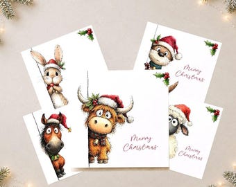 Pack of 5 Animal Christmas Cards, Highland Cow Horse Rabbit Sheep Otter