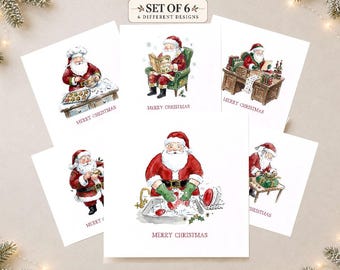Pack of 6 Santa Xmas Cards, Watercolour Father Christmas Set