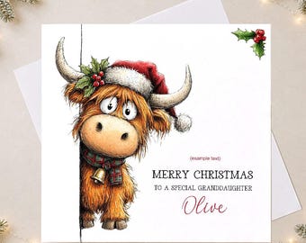 Personalised Highland Cow Christmas Card, Custom Name Festive Greeting