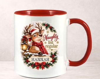 Personalised Reindeer Christmas Mug, Naughty List Regular Funny Festive Gift