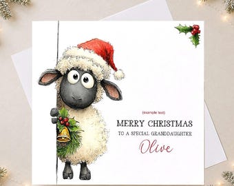 Personalised Sheep Christmas Card, Custom Name Festive Farm Animal Greeting