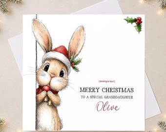 Personalised Rabbit Christmas Card, Custom Name Festive Bunny Greeting