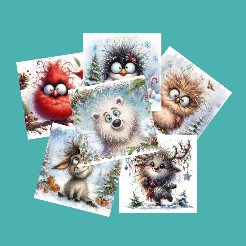 Animal Christmas Cards, Bad Hair Day , Set of 6 , Unique Designs