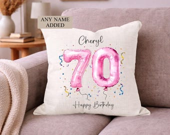 Personalised 70th Birthday Cushion, Age 70 Custom Name Birthday Gift for Her