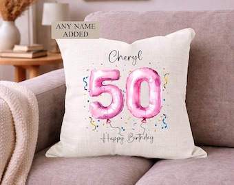 Personalised 50th Birthday Cushion, Name & Age Balloon Pillow, 50 Custom Birthday Gift for Her