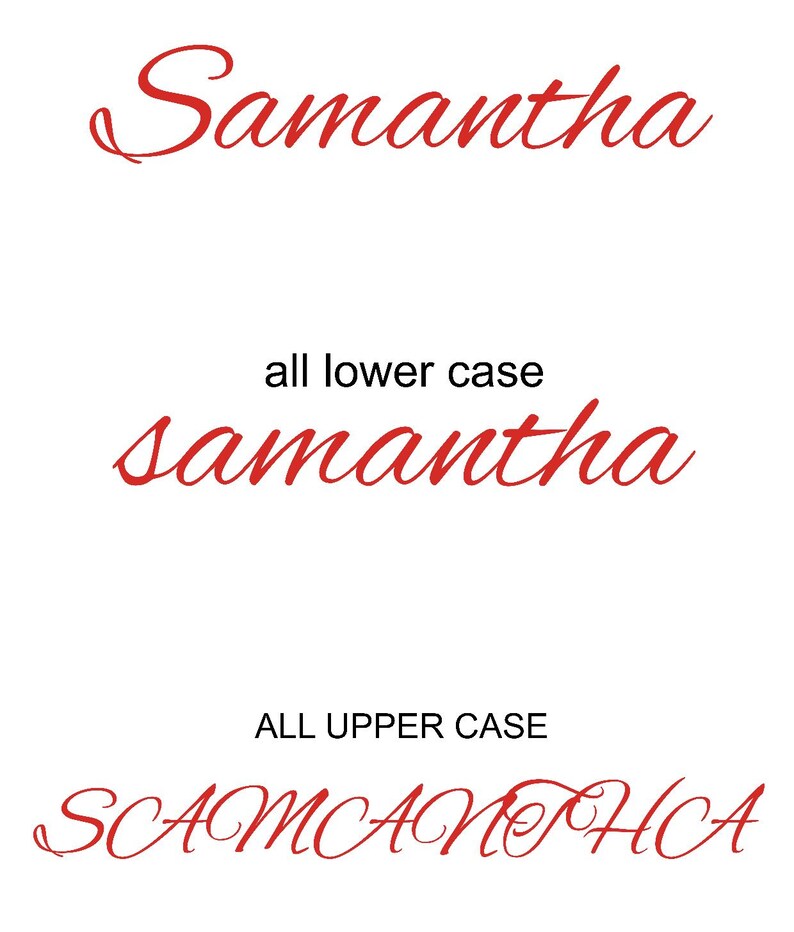 May include: Three variations of the name "Samantha" in red script on a white background. The first is uppercase, the second is lowercase, and the third is all uppercase. The text "all lower case" and "ALL UPPER CASE" are also present.