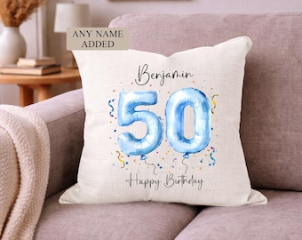 Personalised 50th Birthday Cushion, Name & Age Blue Balloon Pillow, 50 Custom Birthday Gift for him