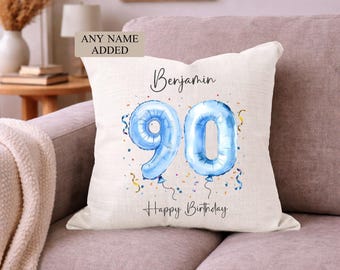 Personalised 90th Birthday Cushion, Name & Age Blue Balloon Pillow, 90 Custom Birthday Gift for him