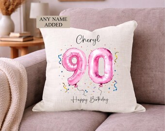 Personalised 90th Birthday Cushion, Name & Age Balloon Pillow, 90 Custom Birthday Gift for Her