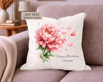 Personalised Peony Cushion, Custom Gift for Her, Any Text Floral Home Decor