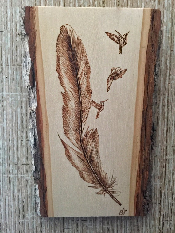 Feather and Humming Birds Plaque Personalized Pyrography Wood Burning Art  Natural Bark Border 11x6 