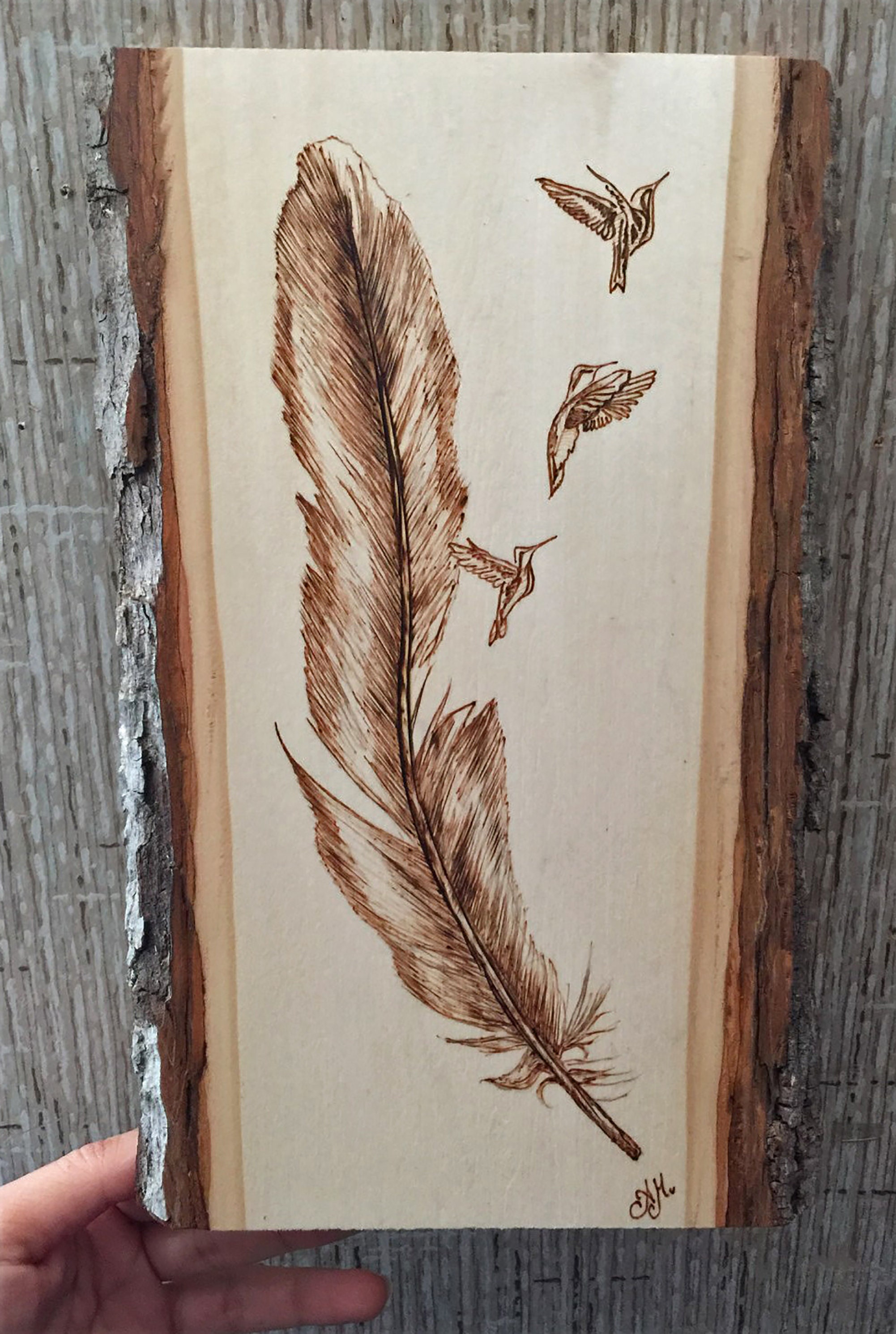 Feather and Humming Birds Plaque Personalized Pyrography Wood Burning Art  Natural Bark Border 11x6 