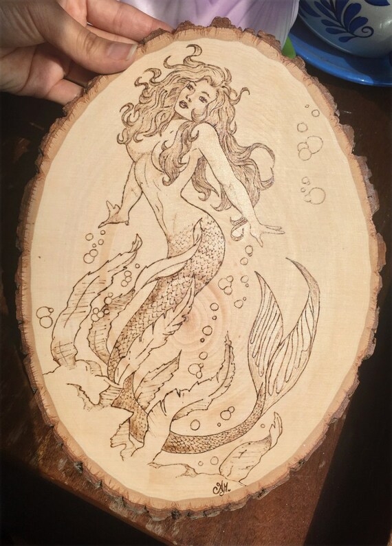Fantacy art 12x8.5 Wood Burning Art Pyrography Oval Natural Bark Border Glitter Mermaid plaque