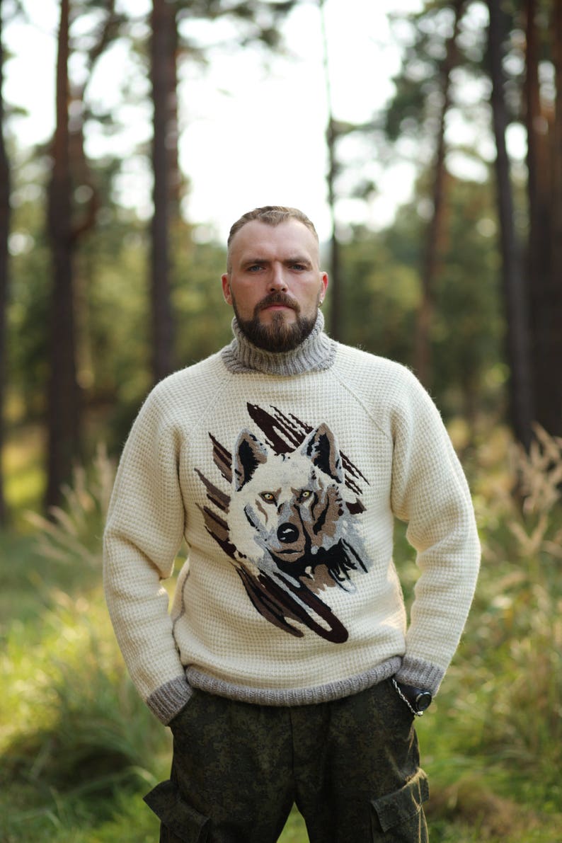 White hand knit wool sweaters with a wolves picture Etsy
