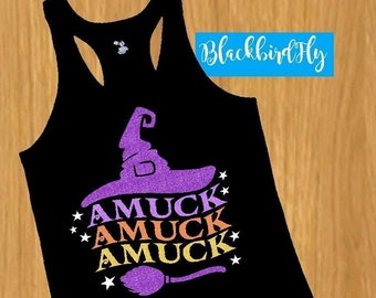 Amuck witch sisters inpired fun Halloween race running shirt shirt, glitter or matte, 5 men/women's styles - 5K 10K half marathon