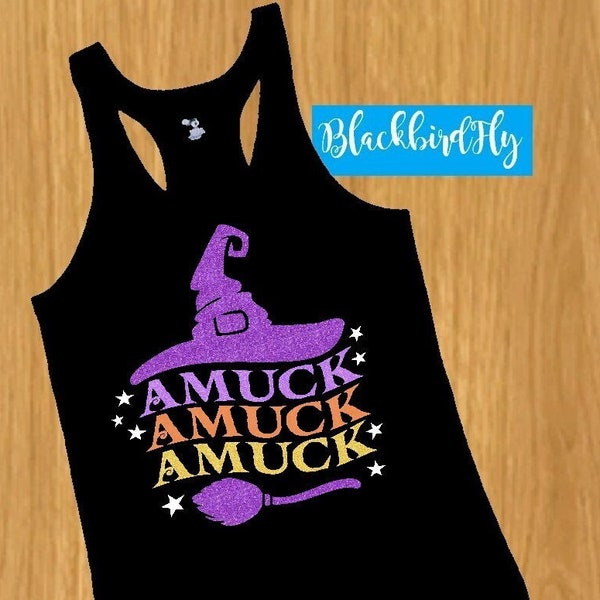 Amuck witch sisters inpired fun Halloween race running shirt shirt, glitter or matte, 5 men/women's styles - 5K 10K half marathon