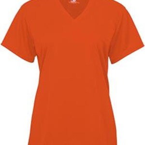 May include: Orange short-sleeved v-neck t-shirt.