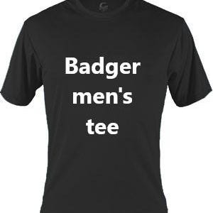 May include: Black short-sleeved tee shirt with the text "Badger men's tee" in white block letters. The shirt has a crew neck and is made of a soft, breathable material. The shirt is a solid black color.