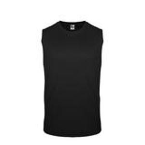 May include: Solid black sleeveless shirt. The shirt has a crew neck and a straight hem. The fabric appears to be a soft, breathable material. The shirt is designed for comfort and ease of movement.