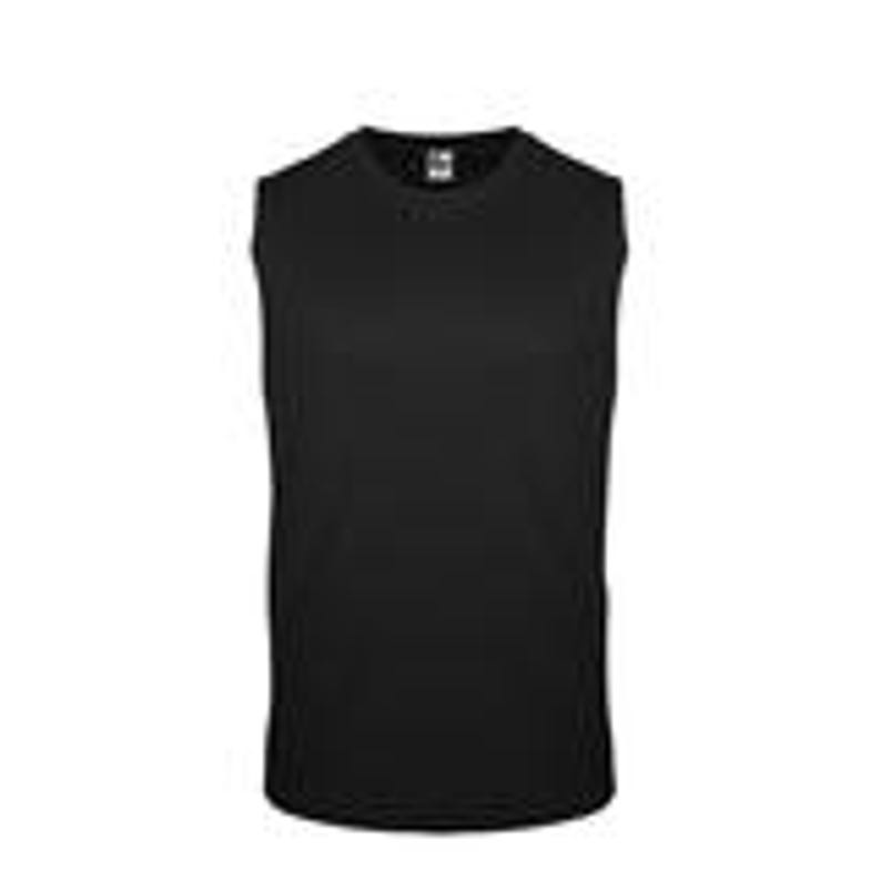 May include: Solid black sleeveless shirt. The shirt has a crew neck and a straight hem. The fabric appears to be a soft, breathable material. The shirt is designed for comfort and ease of movement.
