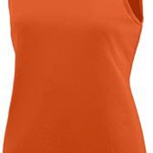 May include: Orange sleeveless tank top with a scoop neck.