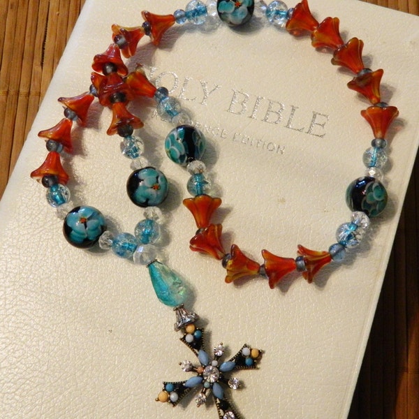 Protestant rosary, Protestant prayer beads, secrect sister gift, confirmation gift,  Glorichain, OOAK, Floral beads, Blue