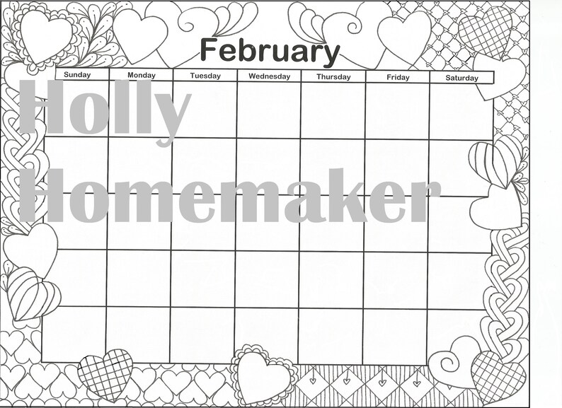 Coloring Page February Calendar and matching Coloring page | Etsy