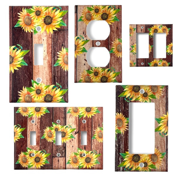 Rustic Wood Design with Sunflowers Light Switch and Outlet Wall Plates Multiple configurations available *FREE SHIPPING*